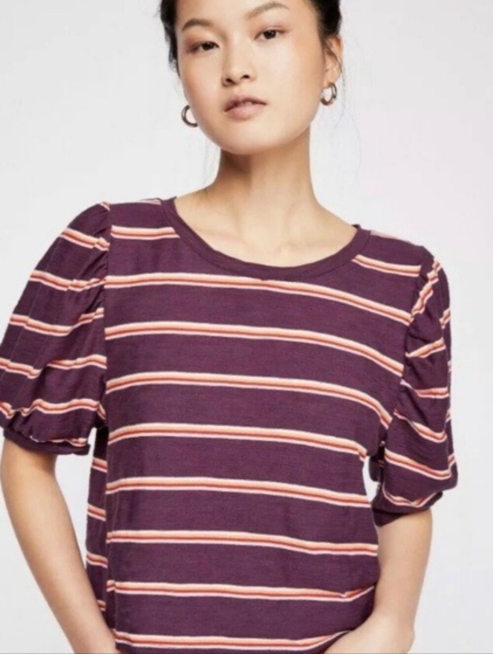 We The Free Plum Striped Puff-Sleeve Molly Tee Size XS